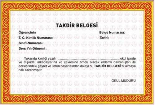 2025 takdir belgesi örneği, başarı puanı 85 ve üzeri, resmi belge.