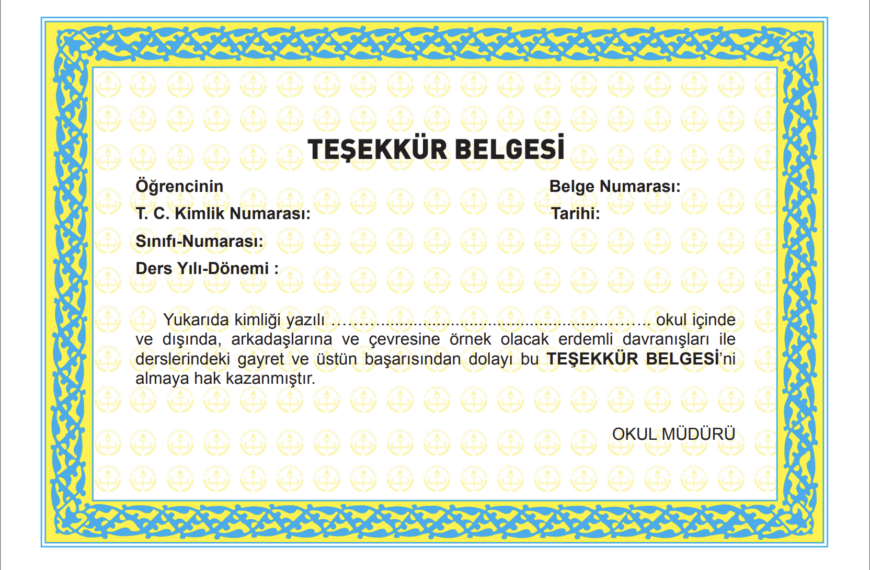 Teşekkür belgesi örneği, başarı belgesi, öğrenci başarıları.